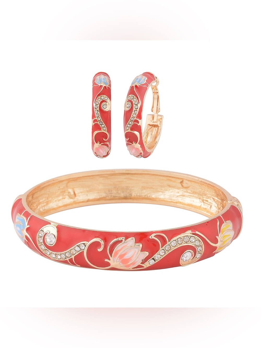 🤍♥️White Austrian Crystal & Red Cloisonné Earring & Bangle Set